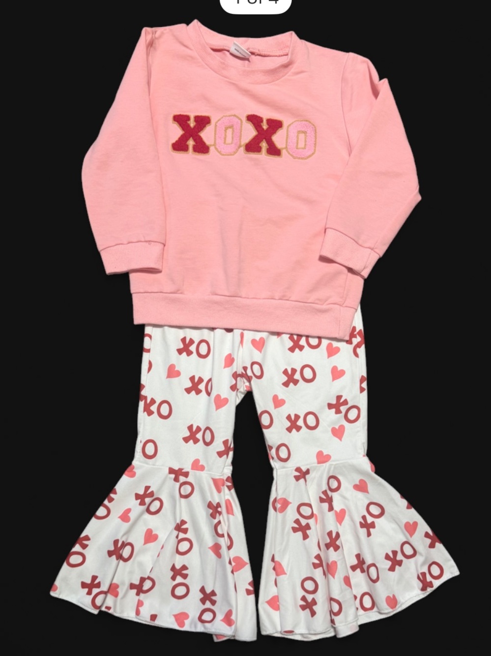 Girls Pink XOXO Sweatshirt with White & Pink Bell-Bottom Pants Set